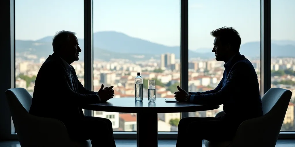 two men sitting at a table with a view of a city outside of them and a window in the background, Cef