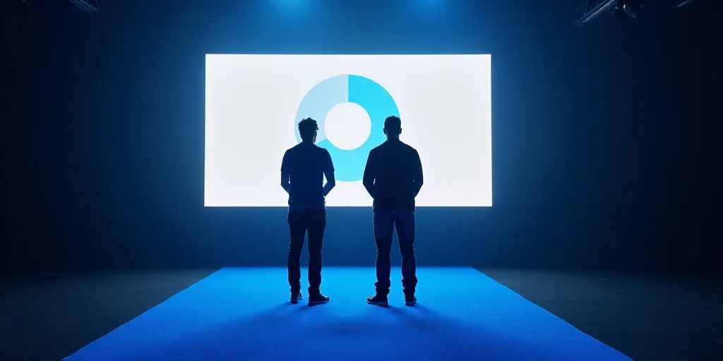 two men standing in front of a large screen with a logo on it and a blue carpet in front of them, Av