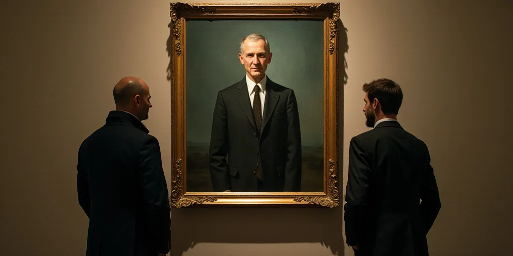 two men standing next to each other in front of a painting on a wall with a man in a suit, Dimitre M
