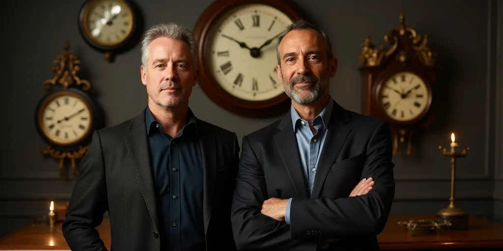 two men standing next to each other in front of clocks on a wall with a clock behind them and a ligh