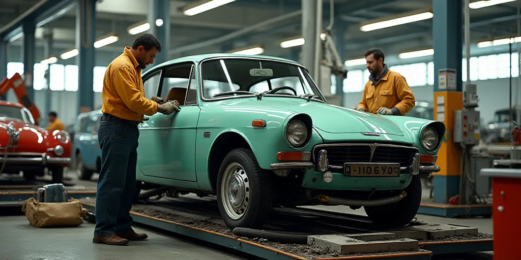 two men working on a car in a factory with other workers nearby on a platform with a car in the back
