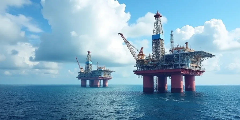 two oil rigs in the middle of the ocean with a sky background and clouds in the background,, Bascove