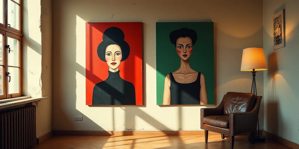 two paintings of people in different colors on a wall next to a lamp and a chair in a room, David Al