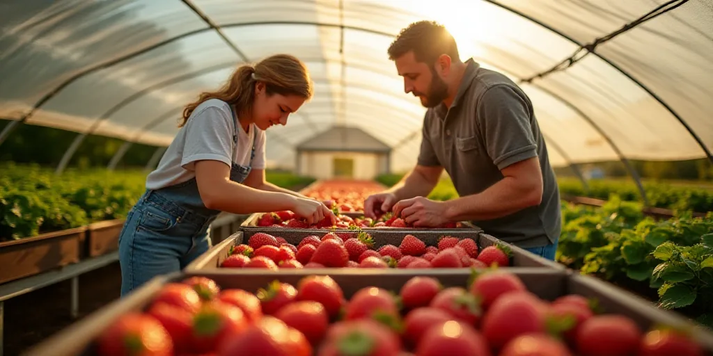 two people in a greenhouse picking strawberries from boxes of them on a sunny day in the sun,, Cefer