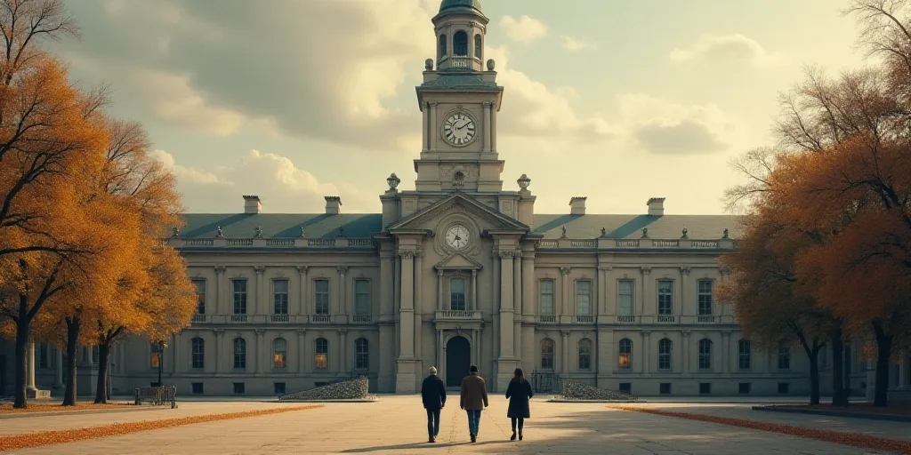two people walking towards a large building with a clock on it's face and a flag on the front, Bourg