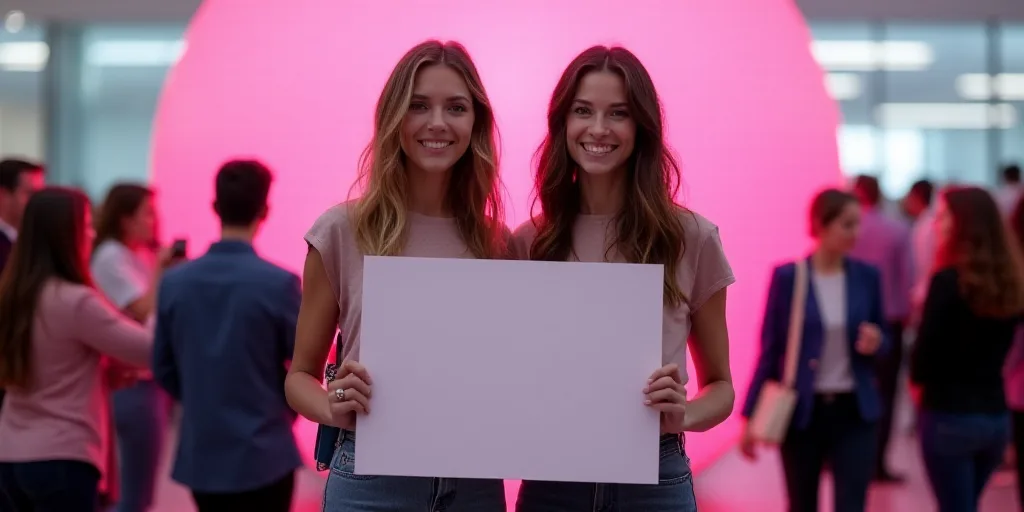 two women holding a sign in front of a crowd of people at a convention or convention hall, with a la