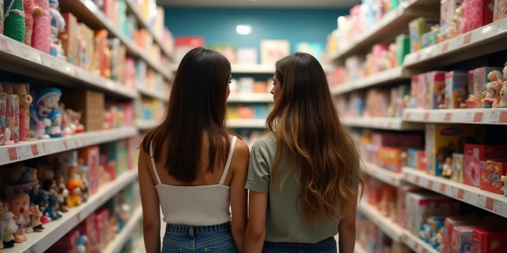 two women looking at toys in a store aisle with shelves full of toys and dolls on display behind the
