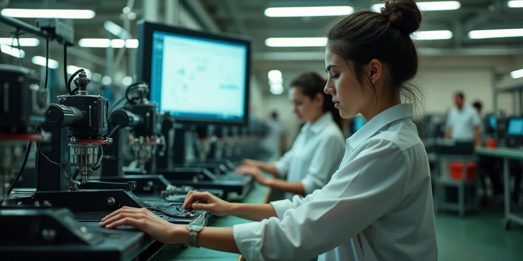 two women working on a machine in a factory with other workers in the background looking at the mach