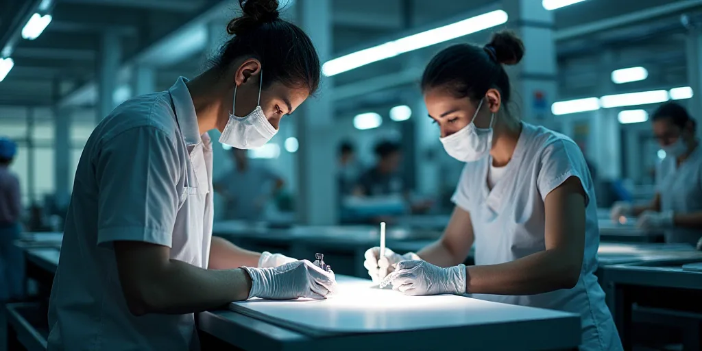 two workers are working on a machine in a factory with a protective mask on their head and a protect