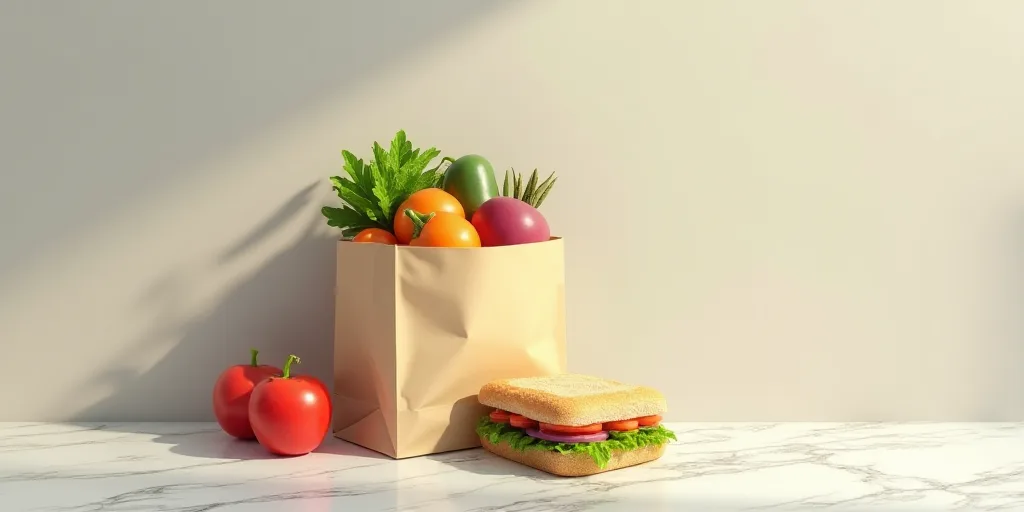 a bag with a sandwich and a bag of fruit and vegetables on it sitting on a marble surface with a pap