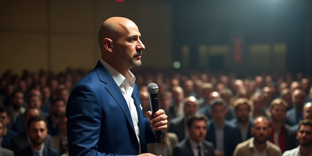 a bald man in a blue suit and white shirt standing in front of a crowd of people with a microphone,