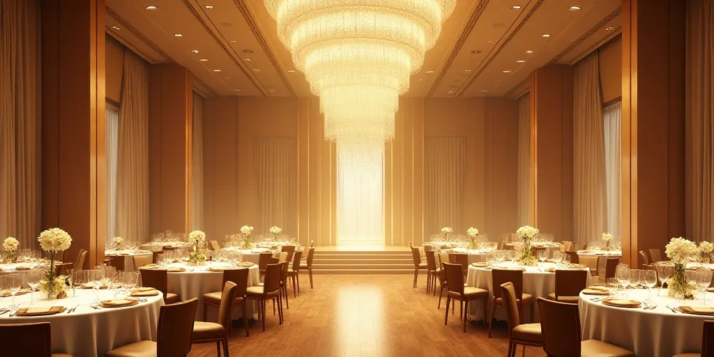 a banquet hall with a chandelier and tables set for a formal function with white linens and gold tab