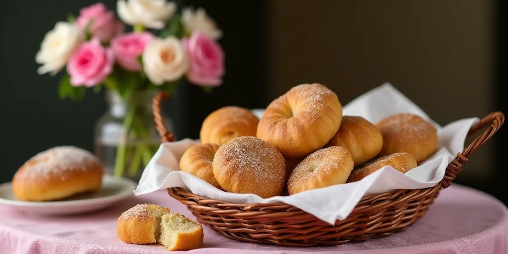 a basket of bread and pastries on a table with a vase of flowers in the background on a table cloth,