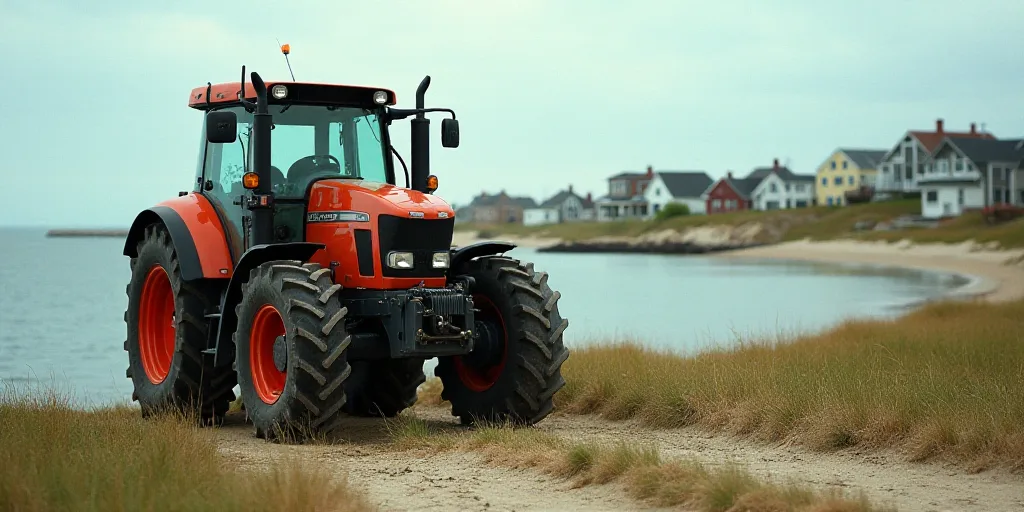 a beach town with a tractor parked in front of it and a body of water in the background with houses