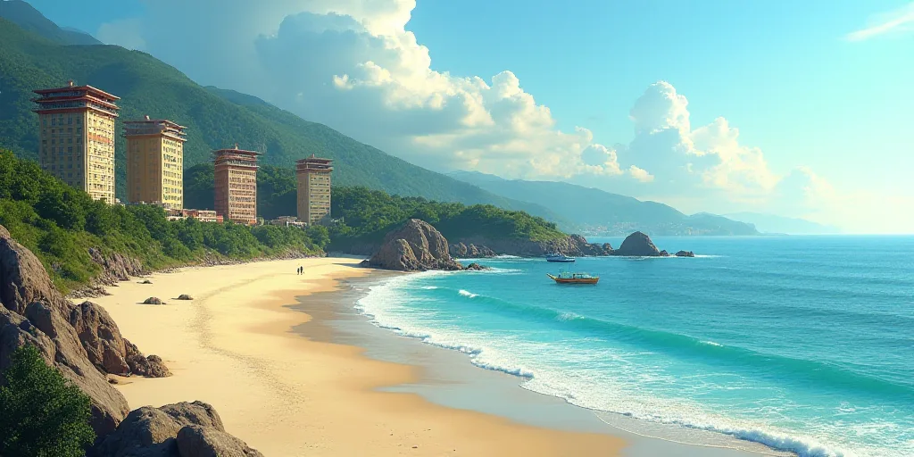 a beach with a bunch of buildings next to it and a body of water in the background with a few boats