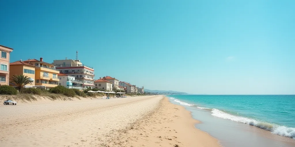 a beach with a bunch of buildings next to it and a body of water in the background with a blue sky,