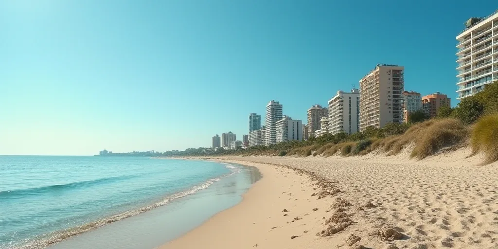 a beach with a bunch of buildings next to it and a body of water in the background with a blue sky,