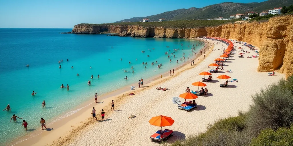 a beach with a lot of people on it and some umbrellas and chairs on the sand and water, Aquirax Uno,