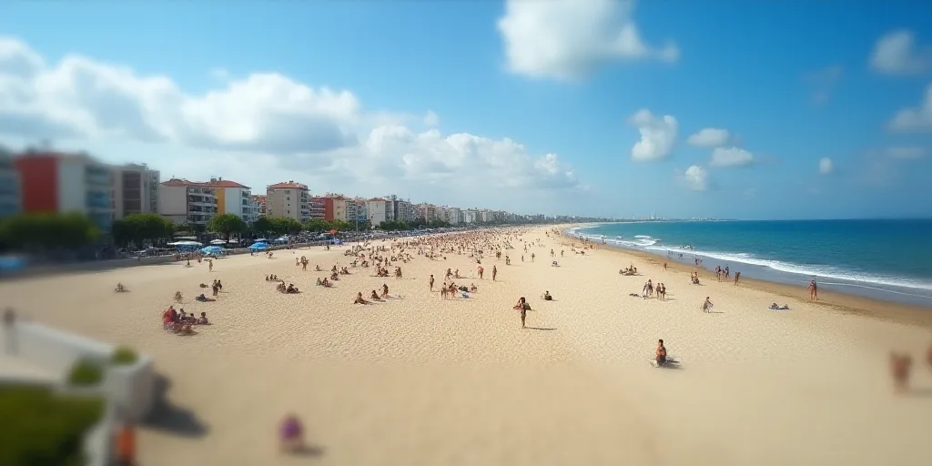 a beach with a lot of people on it and buildings in the background and a blue sky with clouds, Cefer