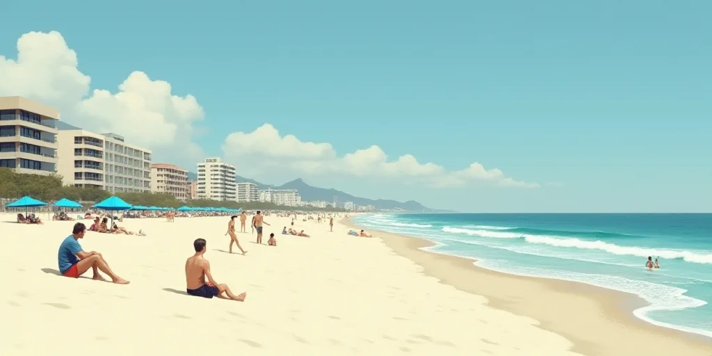 a beach with people sitting and standing on it and a few buildings in the background and a few blue