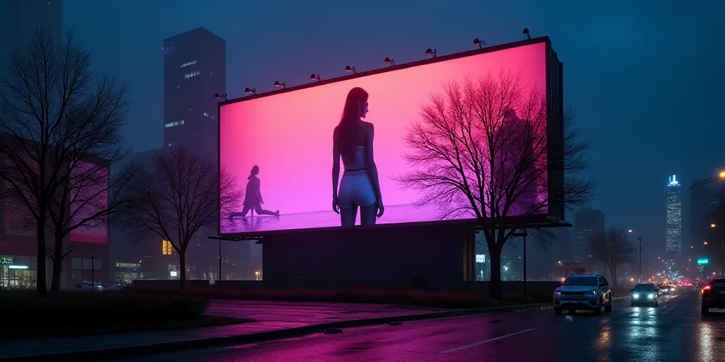 a billboard on a building in a city with a woman on it's back and a man on the side, Americo Makk, n