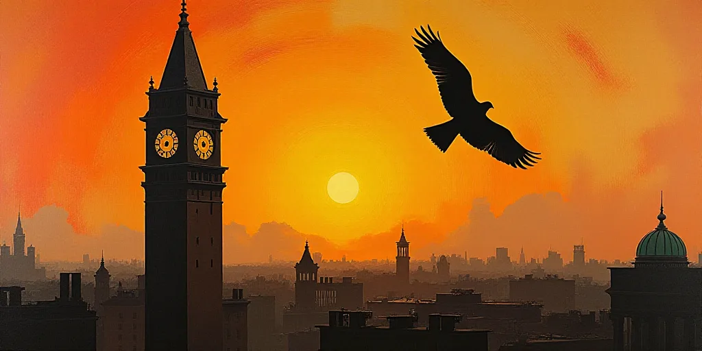 a bird flying over a tall building with a clock tower in the background at sunset or dawn with a bir