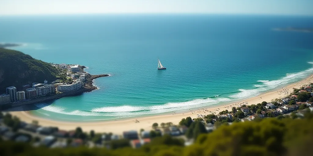 a bird's eye view of a beach and a city near the ocean with a sailboat in the distance, Alfred East,