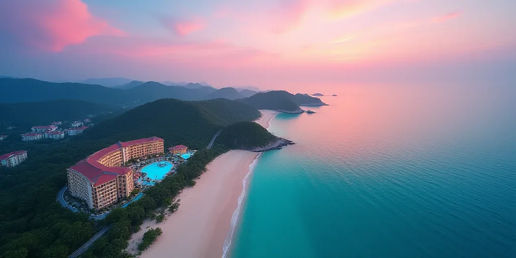 a bird's eye view of a beach resort and resort in the ocean with a colorful sky in the background, C
