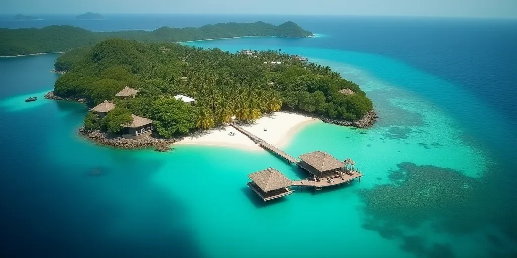 a bird's eye view of a resort and a lagoon in the middle of the ocean with a dock, Carl Hoppe, aeria