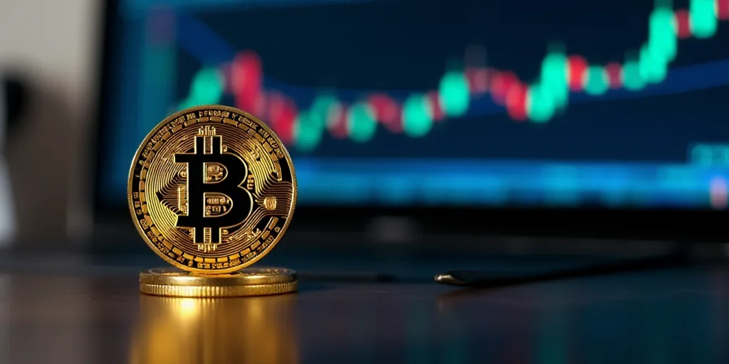 a bit coin sitting on top of a table in front of a monitor screen with a stock chart in the backgrou