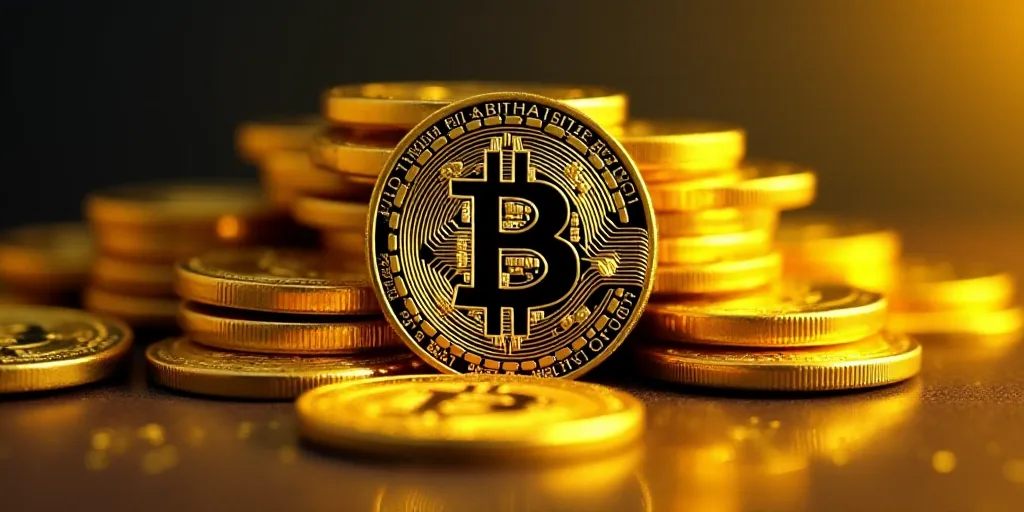 a bitcoin is shown in front of a pile of gold bitcoins in this picture illustration, Beeple, gold, a