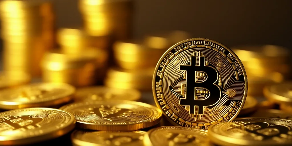 a bitcoin is shown in front of a pile of gold bitcoins in this picture illustration, Beeple, gold, a