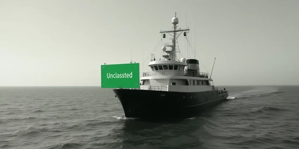 a black and white photo of a ship in the ocean with a green sign that reads unclasssted, Dahlov Ipca