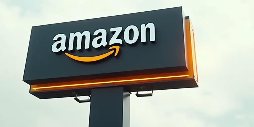 a black and yellow amazon sign with an orange stripe on it's side and a white sky in the background,