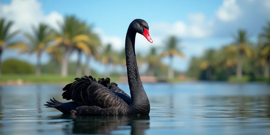 a black swan with a red beak standing in water with palm trees in the background and a blue sky with