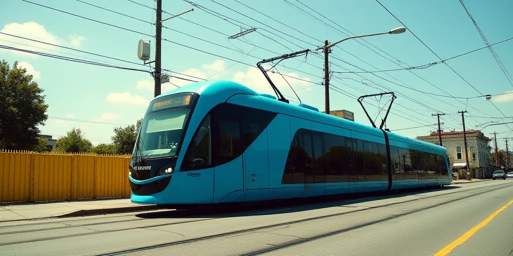 a blue and black train traveling down a street next to a yellow fence and power lines and a blue cab