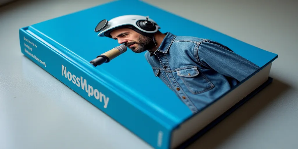 a blue book cover with a picture of a man in a helmet and a microphone on it, and the words, nearsho