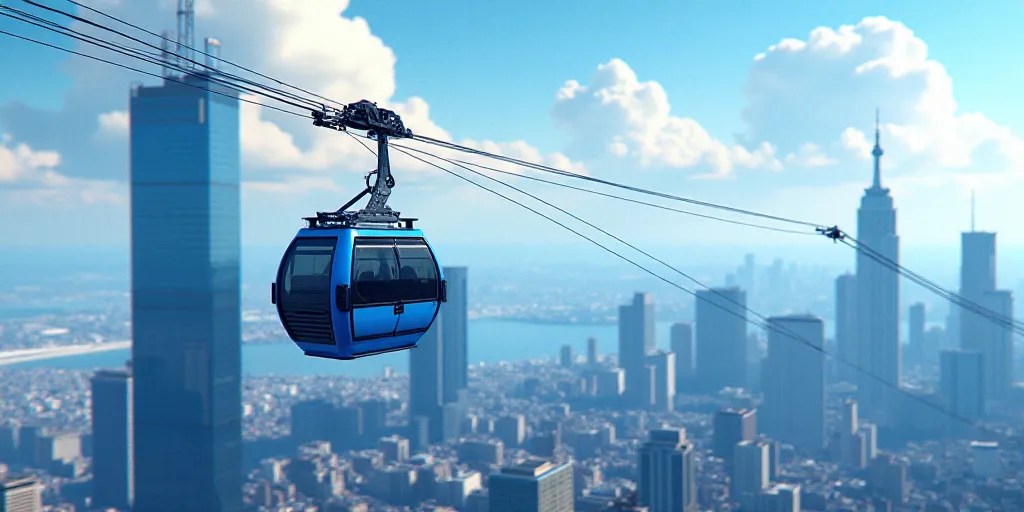 a blue cable car going over a city with tall buildings in the background and a sky line above it, Be