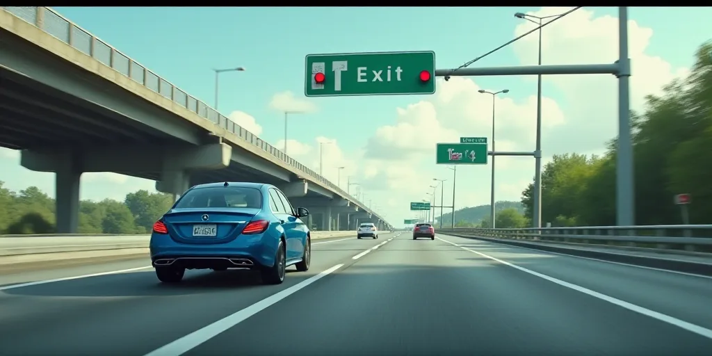a blue car is driving down a busy highway with traffic lights above it and a sign above it that says