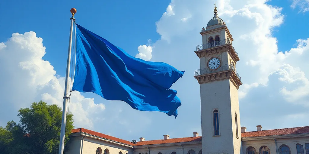 a blue flag flying in front of a tall building with a clock tower in the background and a flag on a