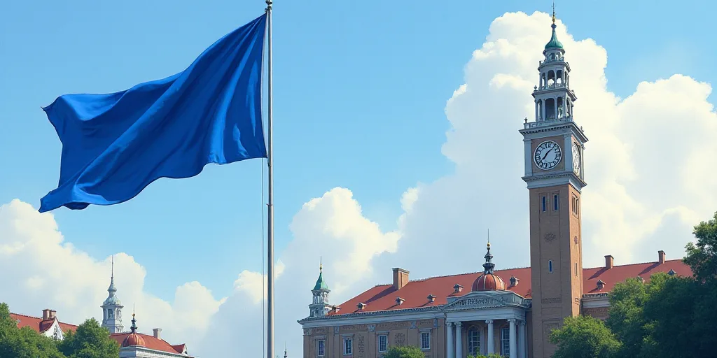 a blue flag flying in front of a tall building with a clock tower in the background and a flag on a