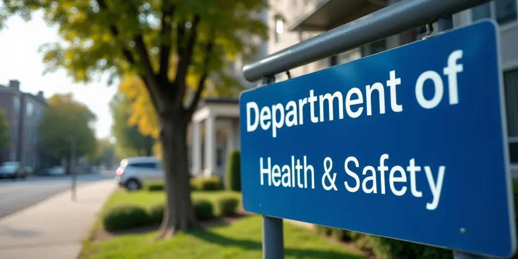 a blue sign that says department of health and safety in front of a building with a tree in front of