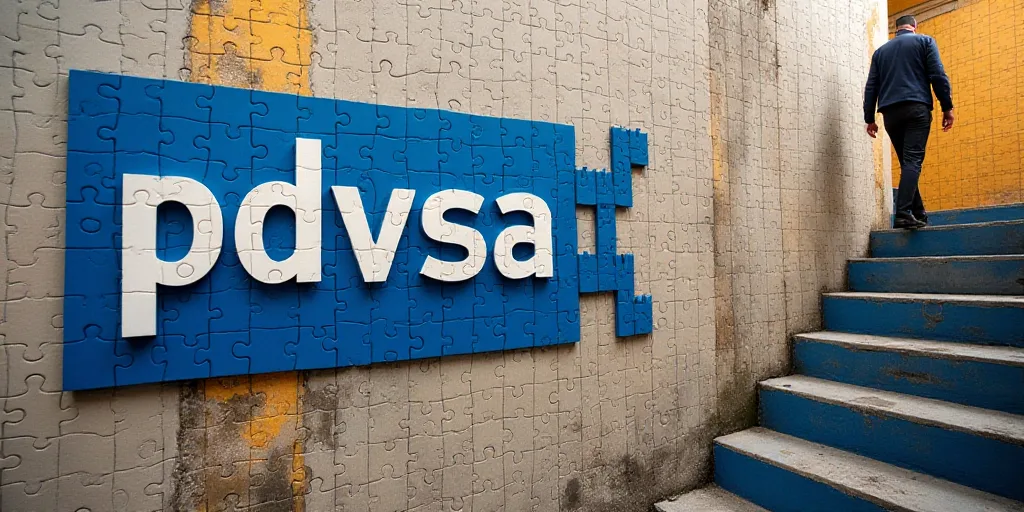 a blue sign that says pdvsa on it and a man walking up the stairs behind it in the background, Arame