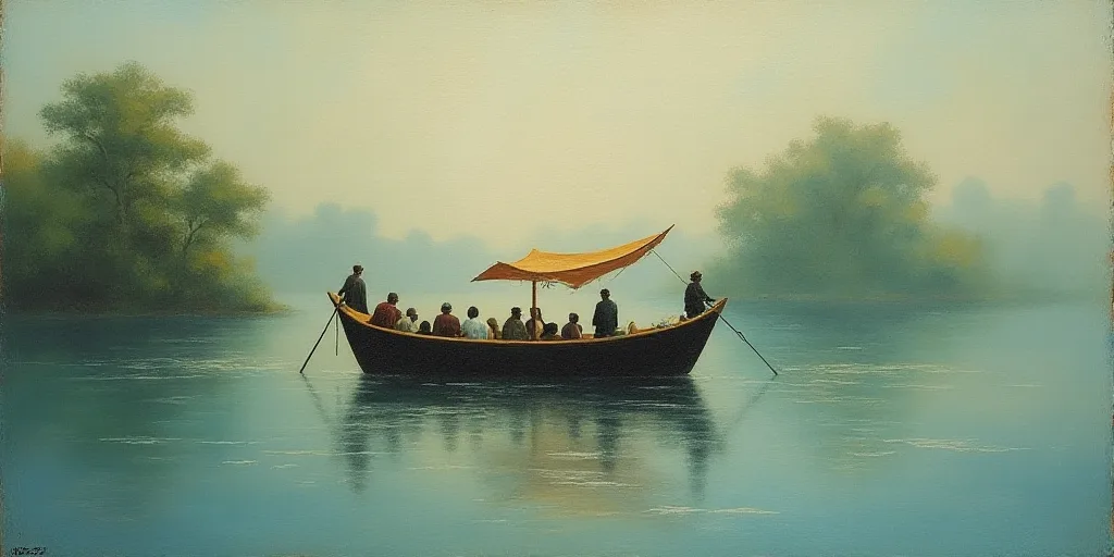 a blurry photo of a boat in the water with people on it's side and trees in the background, Afewerk