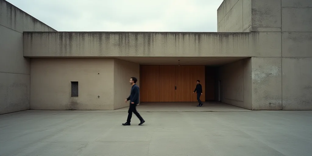 a blurry photo of a building with a person walking in front of it and a person walking out the front