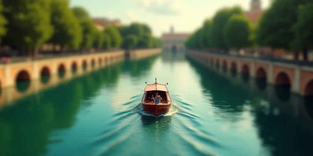 a boat is floating down a river in a park area with arches and arches on the sides of the water, Cá