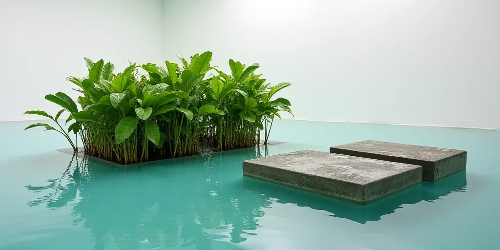 a body of water with a bunch of plants growing out of it and a few blocks of concrete in the water,