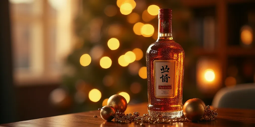 a bottle of mtte with a christmas decoration on a table next to it and a gold bauble, An Gyeon, prod