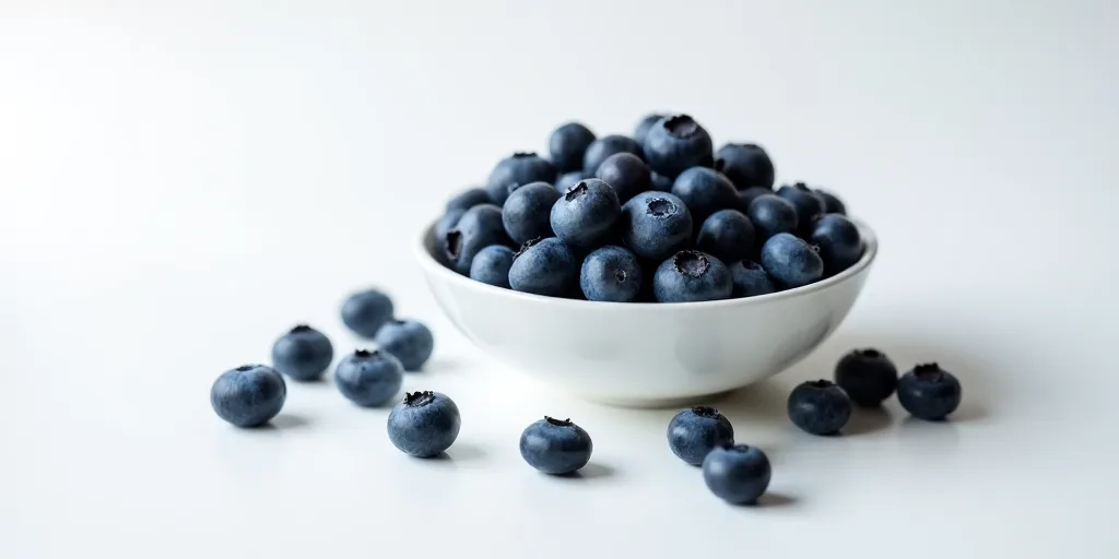 a bowl of blueberries on a white table with scattered blueberries around it and scattered blueberrie