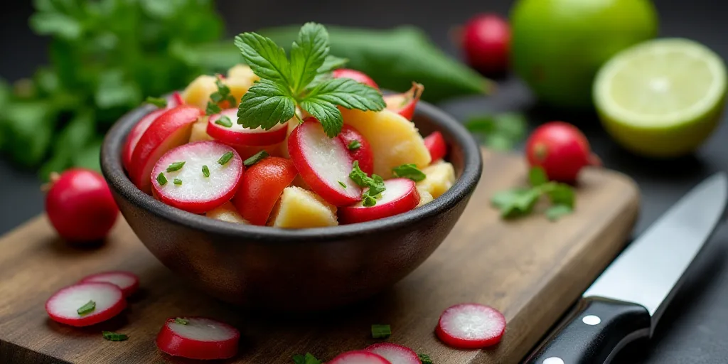 a bowl of food with radishes and other vegetables on a cutting board next to a knife and a lime, Alt